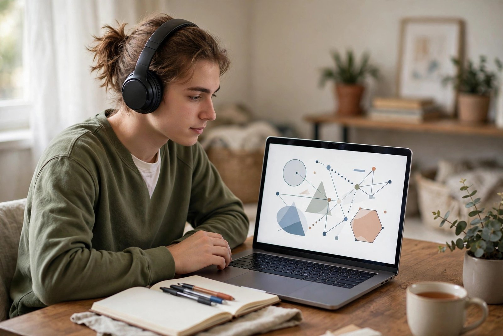A student studying late at night with notes, flashcards and AI study tools