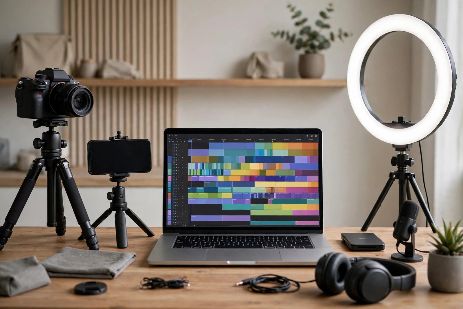 A beginner YouTuber editing a video on a laptop with AI editing tools