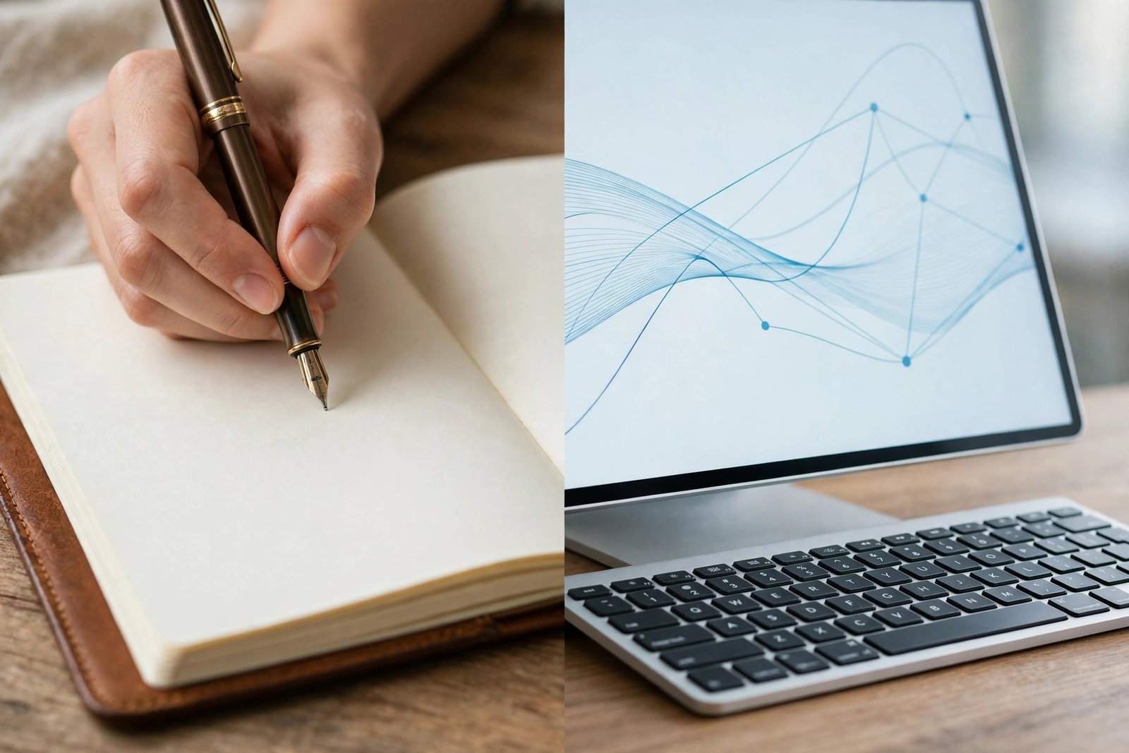 A writer reviewing a draft at a desk, checking whether it sounds human